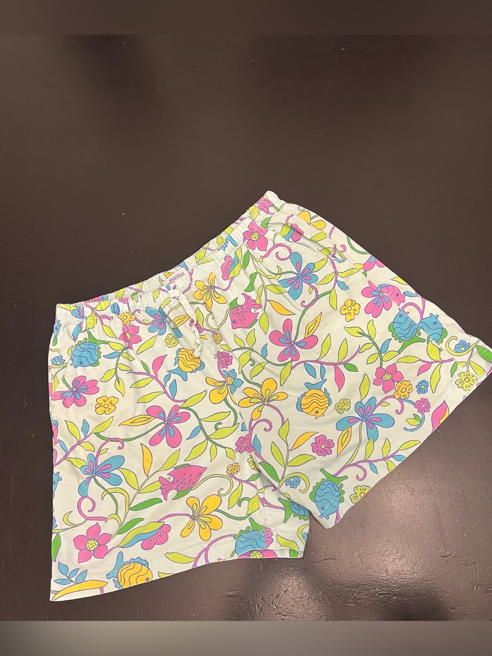 Icantoo Vintage Pink Blue Yellow Floral Fish 100% Cotton 80s 90s Shorts Sz M